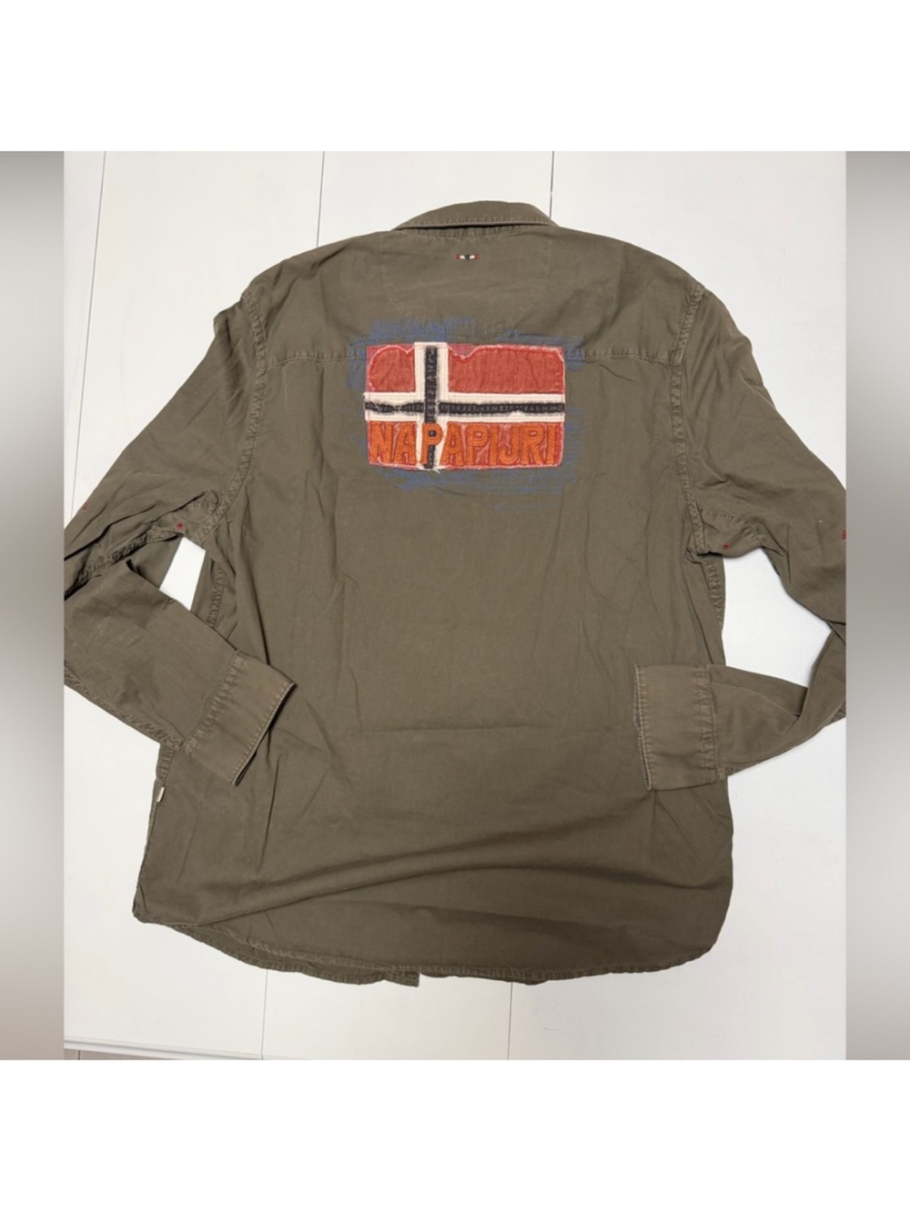 Napapijri Olive Green Lightweight Shirt Jacket with Embroidered Back Patch